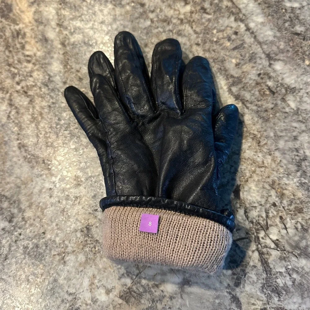 Women's Black Leather Gloves Knit Lined Mid Length Sz 8 Cozy Lightweight Winter